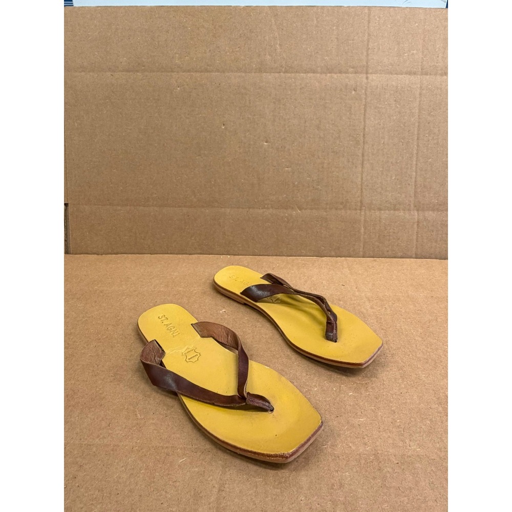St. Agni Square Toe Leather Flat Thong Sandals Brown Womens Size 37 EU